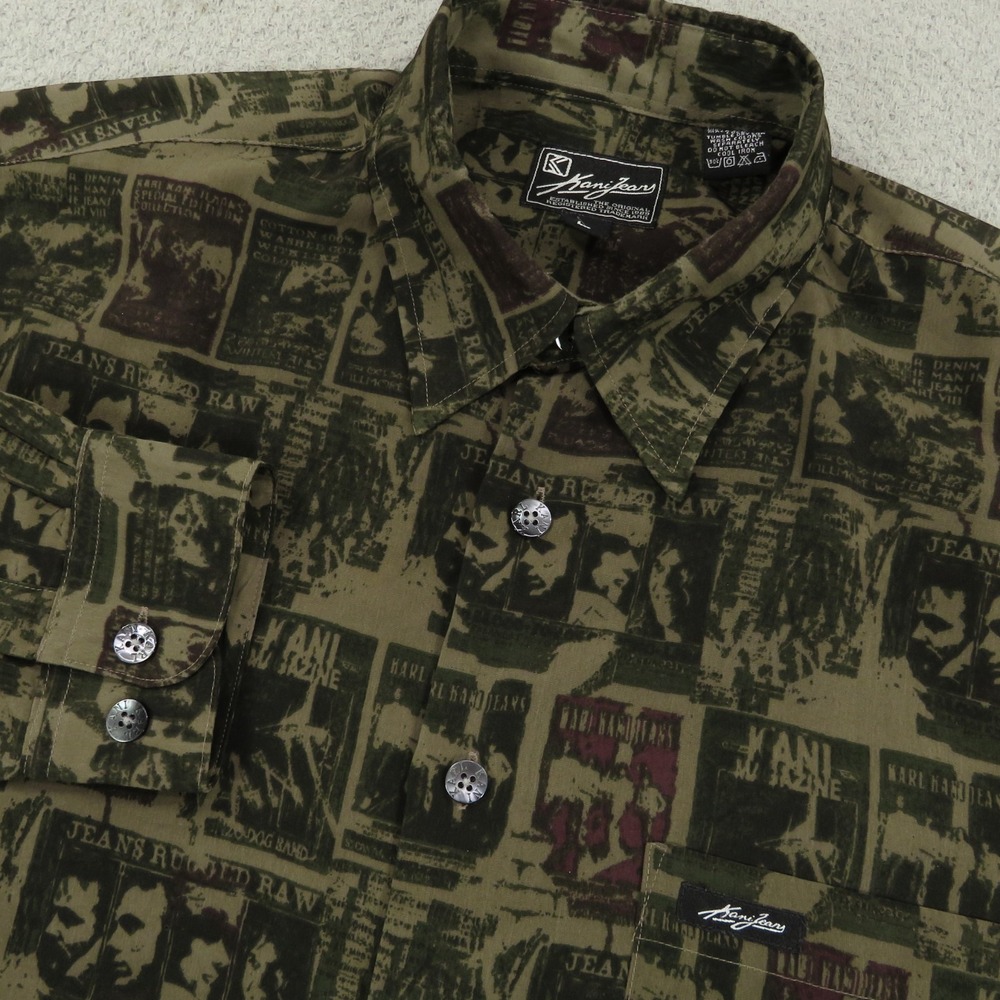 VTG Karl Kani Shirt Men Large 90s Streetwear All Over Graphic Print Button Faces